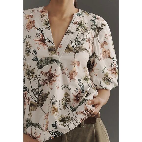 Anthropologie Tops - Anthropologie White Botanical Print V-Neck Puff Sleeves Size Plus 3X